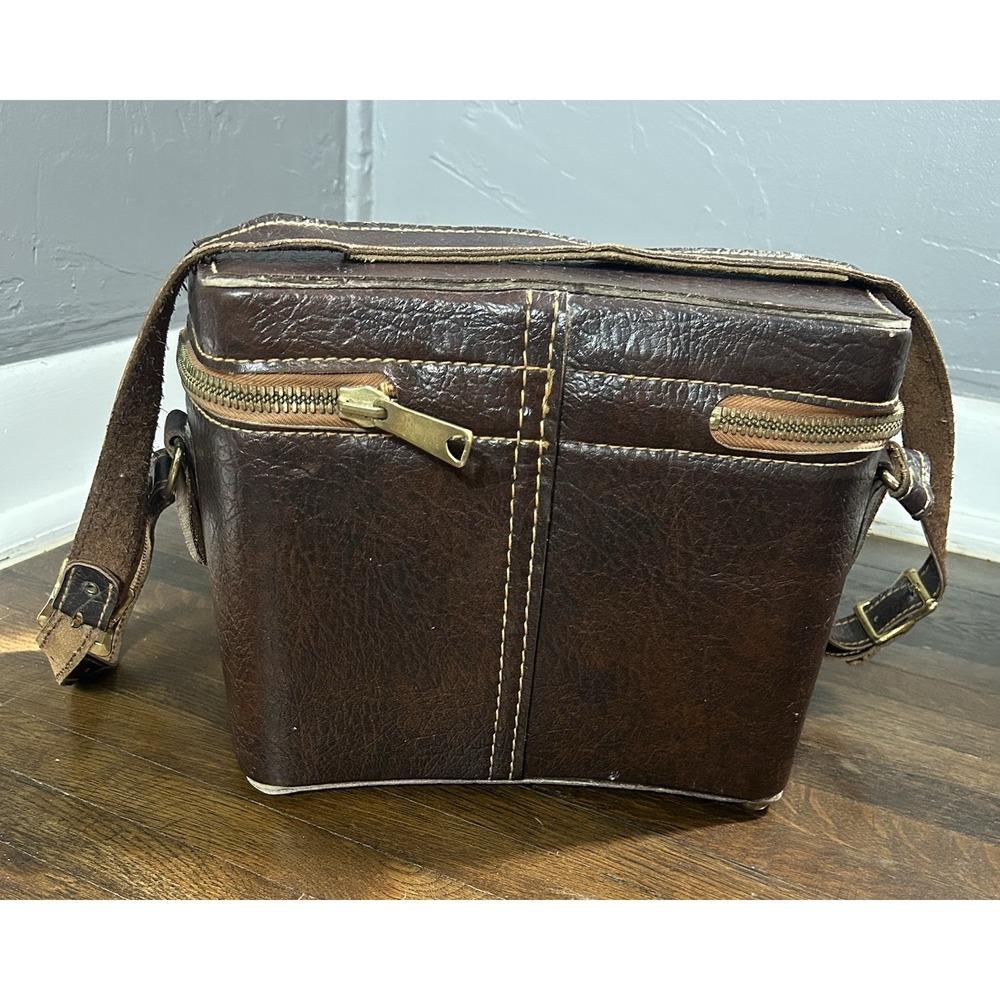 Vintage Camera Bag Brown Leather Carrying Case Shoulder Strap Collectable Prop - Picture 4 of 12
